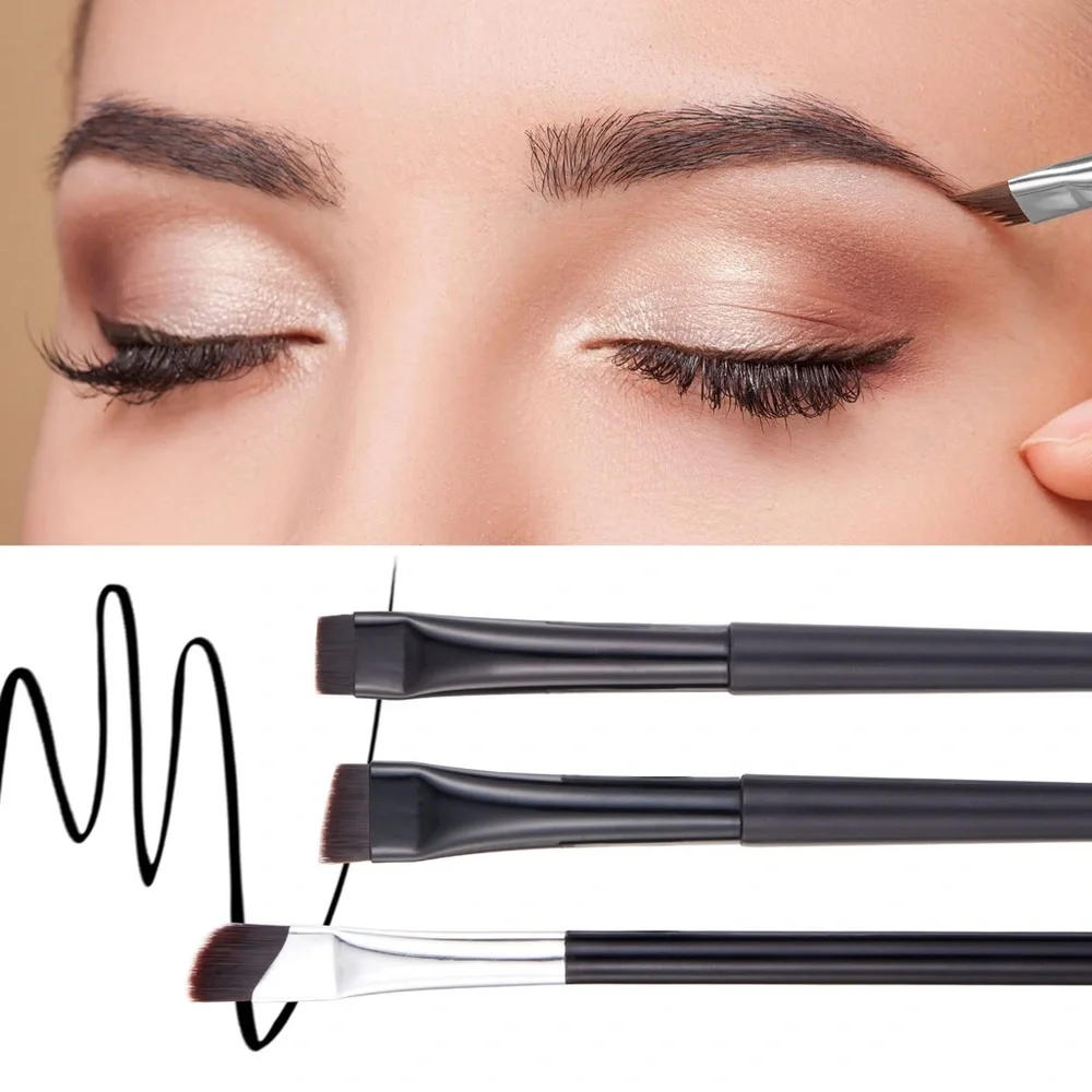 Eyeliner Brushes 3Pcs, Angled EyeBrow Brush, Spoolie Brush, Silicone Pads, Comb